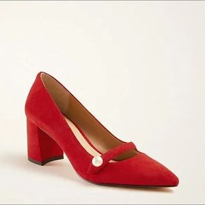 {Ann Taylor} Red Suede Mary Jane Pointed Toe Heels Pumps Pearl Detail